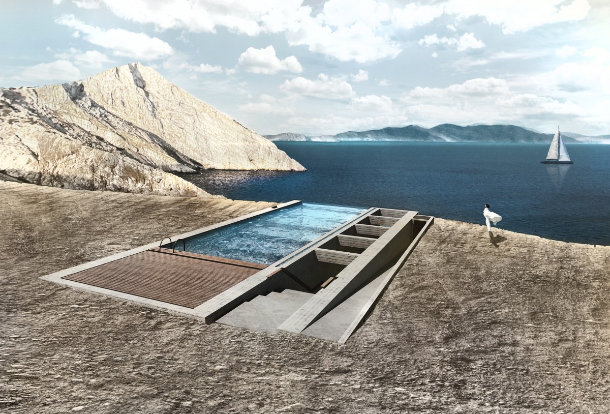 A concrete house inside a cliff